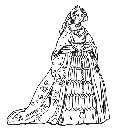 This image represents Female Costume from the Time of Henry VIII, vintage line drawing or engraving illustration.のイラスト素材