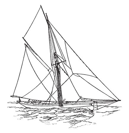 Cutter Yacht is typically a small but in some cases a medium sized watercraft designed for speed rather than for capacity, vintage line drawing or engraving illustration.のイラスト素材