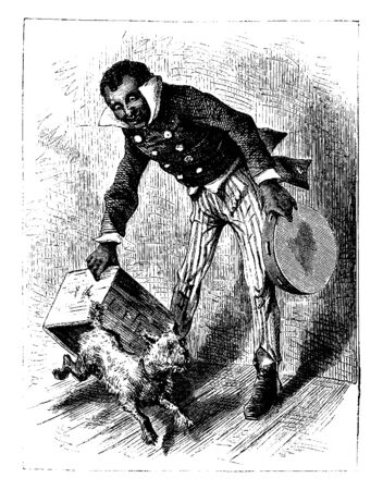 A man holding a tambourine in one hand and playing with a dog, vintage line drawing or engraving illustrationのイラスト素材