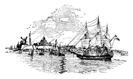 New Amsterdam is a 17th-century Dutch settlement established at the southern tip of Manhattan Island,vintage line drawing or engraving illustration.のイラスト素材