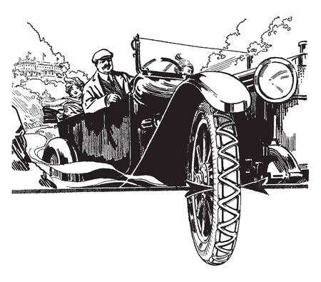 Antique Automobile with a tire in the foreground, vintage line drawing or engraving illustration.のイラスト素材
