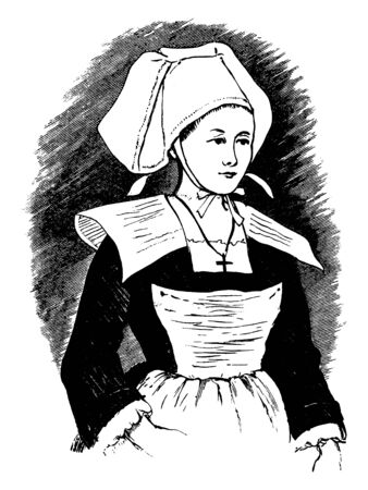 A woman wearing a bonnet, vintage line drawing or engraving illustrationのイラスト素材