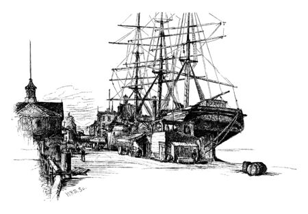 Ship Docked is an enclosed area of water where ships are loaded unloaded or repaired, vintage line drawing or engraving illustration.のイラスト素材