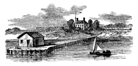 Virginia and Berkeley where a group of 38 English settlers arrived at Berkeley Hundred about eight thousand on the north bank of the James River, vintage line drawing or engraving illustration.のイラスト素材