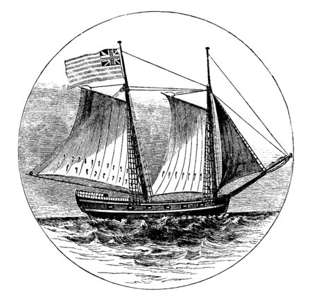 The Royal Savage is a two masted schooner was damaged and sunk by American forces under Richard Montgomery during the siege of St Johns, vintage line drawing or engraving illustration.のイラスト素材