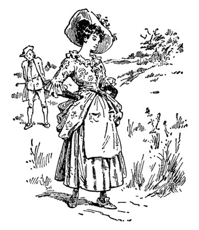 A man watching woman walking on road, vintage line drawing or engraving illustrationのイラスト素材