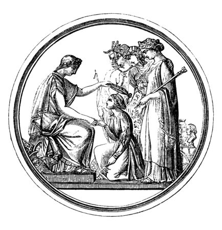 Britannia Crowning a Woman stand behind the kneeling woman, vintage line drawing or engraving illustration.のイラスト素材