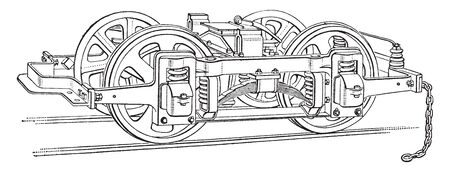 Double Truck works in conjunction with a second truck to move the trolley, vintage line drawing or engraving illustration.のイラスト素材
