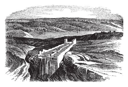 Dead Sea is bordering Israel of the West Bank and Jordan  is a salt lake whose banks are more than 400m below sea level, vintage line drawing or engraving illustration.のイラスト素材