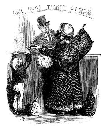 A man with boy purchasing train ticket, vintage line drawing or engraving illustrationのイラスト素材