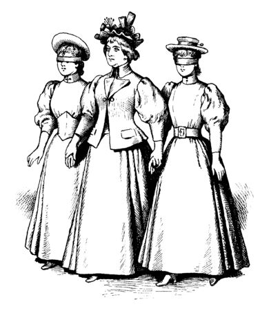 A woman leading two blindfolded girls, vintage line drawing or engraving illustrationのイラスト素材