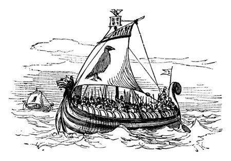 Norse Galley is an ancient ship which can be propelled entirely by human oarsmen used for warfare and trade, vintage line drawing or engraving illustration.のイラスト素材