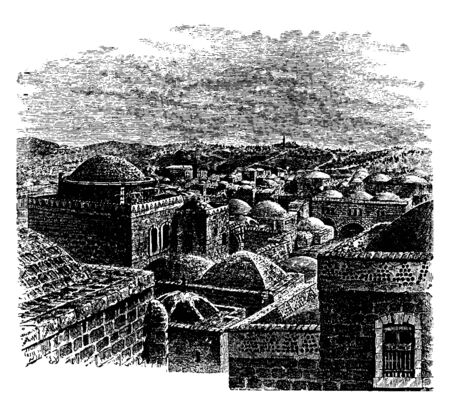 A View of Jerusalem is the capital of Israel and its largest city in both population and area, vintage line drawing or engraving illustration.のイラスト素材