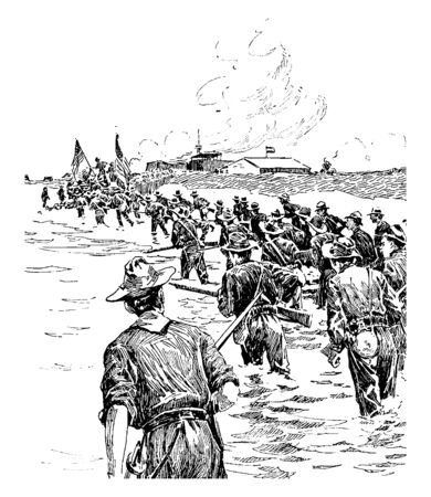 The Capture of Manila waged war with the Spaniards and Filipinos in the Spanish American War and the Philippine American War, vintage line drawing or engraving illustration.のイラスト素材