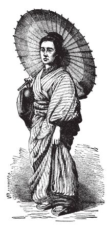 Japanese Woman is holding an umbrella and wearing a kimono, vintage line drawing or engraving illustration.のイラスト素材
