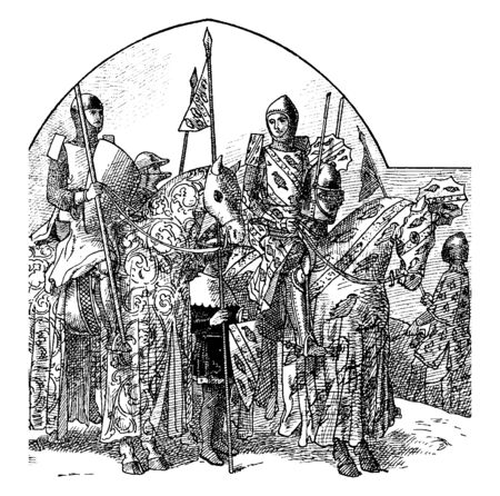 Knights and noblemen wore armour uniforms and riding on horses, vintage line drawing or engraving illustrationのイラスト素材