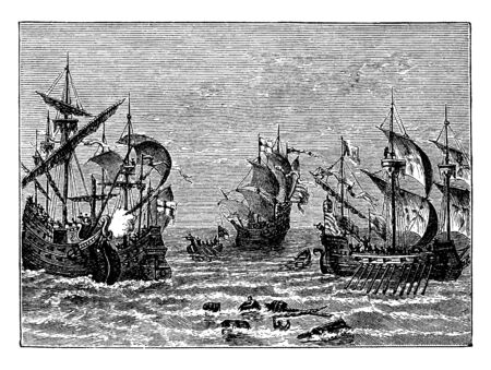 English and Spanish Warships 1588 which is a ship that is built and primarily intended for combat, vintage line drawing or engraving illustration.のイラスト素材