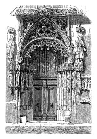 Bride Door at Church of St Sebald is a church of both Roman and Gothic architectural design, vintage line drawing or engraving illustration.のイラスト素材