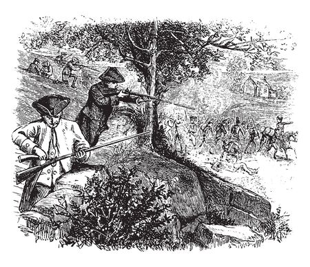  British with in guns in haand from Concord.,vintage line drawing or engraving illustration.のイラスト素材