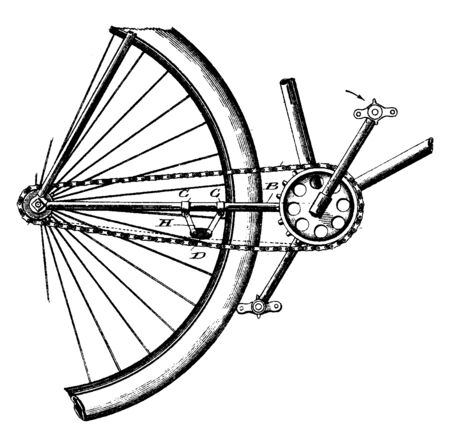 Bicycle Chain Brake Systems are used to slow down or brake a bicycle, vintage line drawing or engraving illustration.のイラスト素材