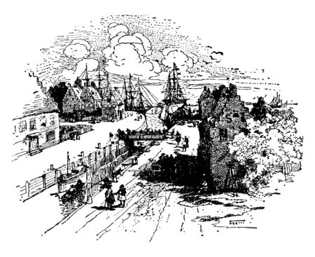  Canal on Broad Street which is a narrow street located in the Financial District in the New York City,vintage line drawing or engraving illustration.のイラスト素材