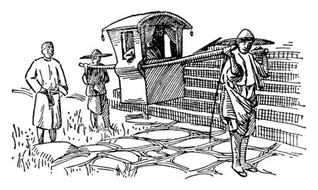 Palanquin is a covered litter usually for one passenger, vintage line drawing or engraving illustration.のイラスト素材