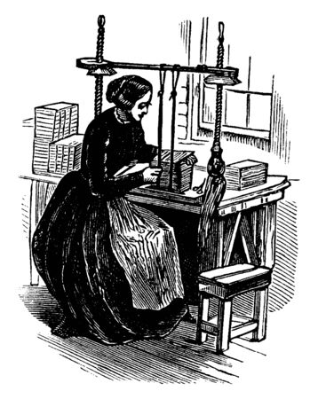 A woman binding books with machine, vintage line drawing or engraving illustrationのイラスト素材