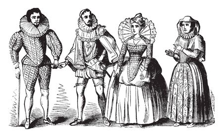 Elizabethan Costumes worn during the Elizabethan Era, vintage line drawing or engraving illustration.のイラスト素材