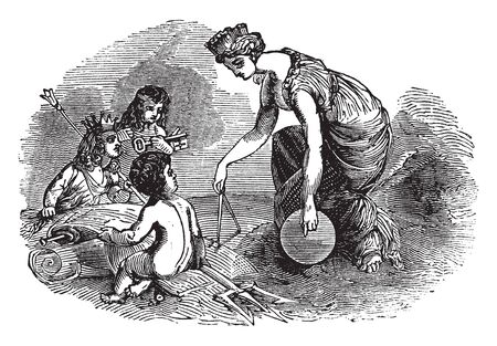 A woman with three children, vintage line drawing or engraving illustrationのイラスト素材