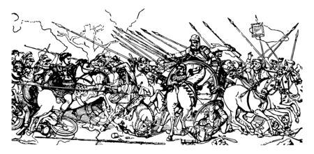 An illustration of the battlefield where kings and soldiers fight each other, vintage line drawing or engraving illustration.のイラスト素材