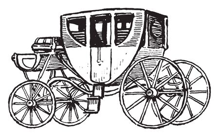 Stagecoach is a four wheeled passenger cart carried by horses, vintage line drawing or engraving illustration.のイラスト素材