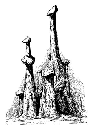 Earth pillers are columns of clay or earth are miniatures capped and protected from erosions vintage line drawing.のイラスト素材