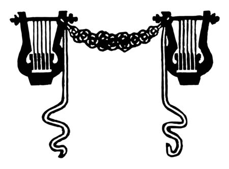 This image represents Harp and Ribbon Doodad, vintage line drawing or engraving illustration.のイラスト素材