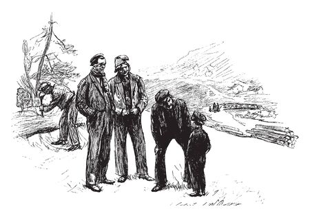 Three men talking to a boy, vintage line drawing or engraving illustration