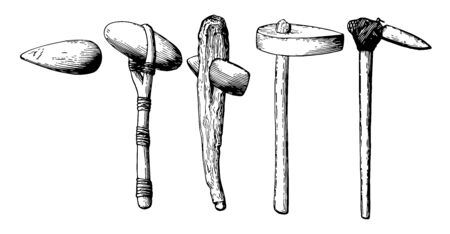 This image shows the different types of 5 stone implements. These were implemented in the first days, vintage line drawing or engraving illustration.のイラスト素材