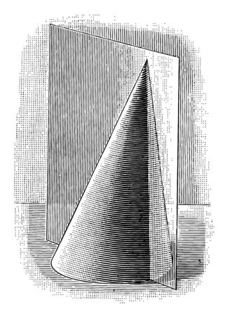 The image of an airplane passing through the vertex of a cone, when cutting a cone, the section creates a triangle, vintage line drawing or engraving illustration.のイラスト素材