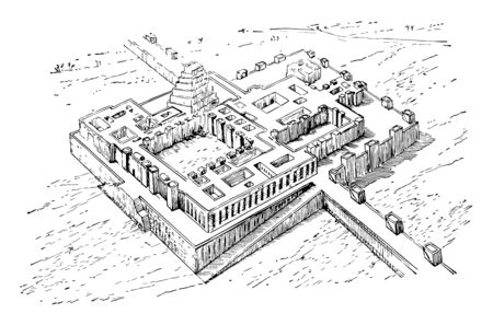 The image shows the Assyrian Palace. It's a big old palace a long time ago. There is a river next to the Assyrian Palace, vintage line drawing or engraving illustration.のイラスト素材