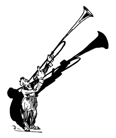 Man Playing Trombone where a cartoon of a man playing a long trombone, vintage line drawing or engraving illustration.のイラスト素材