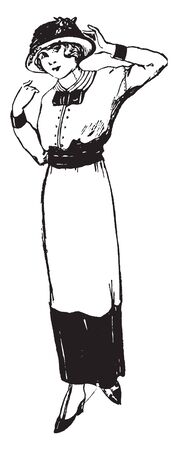 A woman with hat looking at something, vintage line drawing or engraving illustrationのイラスト素材