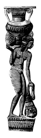 An Egyptian woman carrying an Egyptian vase, vintage line drawing or engraving illustration.のイラスト素材