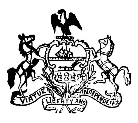 Pennsylvania seal showing 2 running horses on either sides and the shield crest is an eagle encircled by the inscription," SEAL OF STATE PF PENNSYLVANIA " vintage line drawing.のイラスト素材