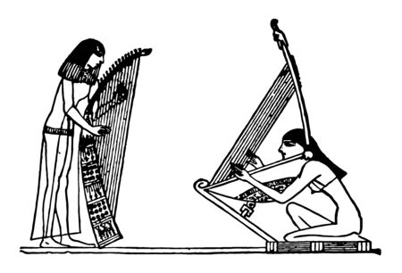 This illustration represents Egyptian Harp, vintage line drawing or engraving illustration.のイラスト素材