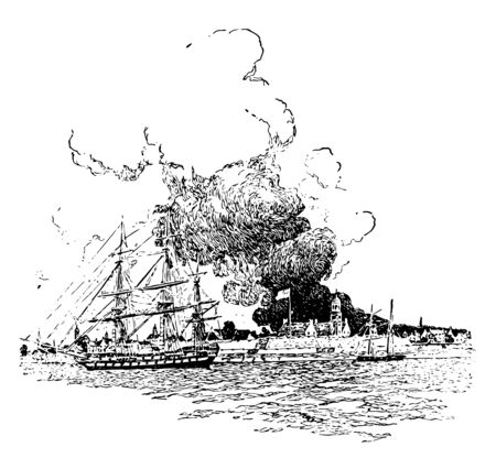 A very huge devastating fire broke down at the night of sep 20, 1776 resulted in destruction of 493 structures vintage line drawing.のイラスト素材