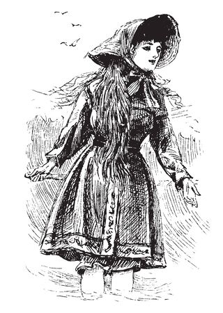 A woman wearing jacket and bonnet, vintage line drawing or engraving illustrationのイラスト素材