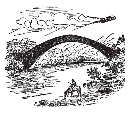 Pont y tu Prydd goes over the River Taff near Newbridge where the arch measures 140 feet between the abutments, vintage line drawing or engraving illustration.のイラスト素材
