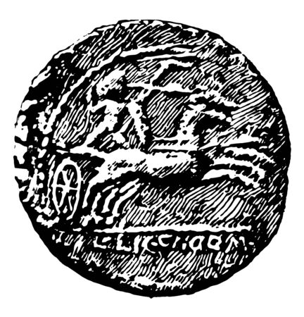 Coin that has the image of a charioteer and soldier racing horse is ready to throw javelin, vintage line drawing or engraving illustration.のイラスト素材