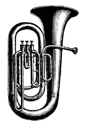 Bass Tuba is a brass instrument of the sax horn family, vintage line drawing or engraving illustration.のイラスト素材