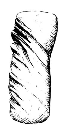 The image shows Stone Tomahawk. This big stone turns into a Tomahawk with the help of Carve Nakshi, vintage line drawing or engraving illustration.のイラスト素材