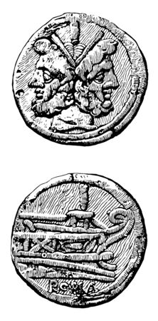 An image that shows both sides of a coin, vintage line drawing or engraving illustration.のイラスト素材