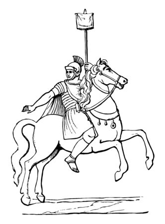 This is the image of Roman Cavalryman. He is sitting on the back of the horse. caryrman of Caesar's army during the Roman Republic, vintage line drawing or engraving illustration.のイラスト素材